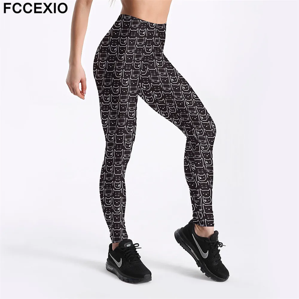 

FCCEXIO New Women Workout Leggings High Waist Fitness Legging Black Cat Head Print Leggins Female Pants Large Size Leggins Mujer