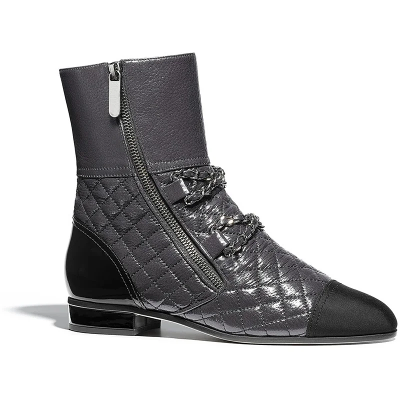 Fermetures Véritable Courtes Noir Tendance Décoratives Bottes Tube Diamant Vérifier blanc Chaînes Éclair De Talons Chelsea Bottines Chaussures En Faible Cuir EII7g