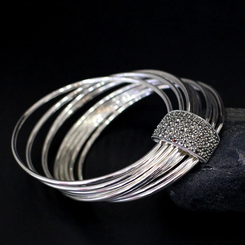Дизайн, ручная работа, 9 серебряных круглых браслетов, Настоящее серебро, 925 пробы браслет для женщин, геометрические ювелирные изделия SB27