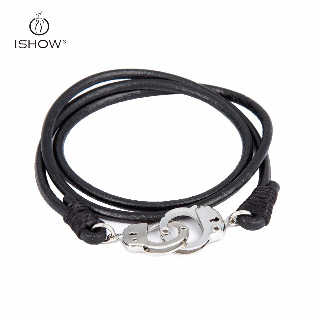Handcuffs Bracelet Men Cuff Clasp Charms Leather Bracelets Black Genuine Leather Wrap Bracelets