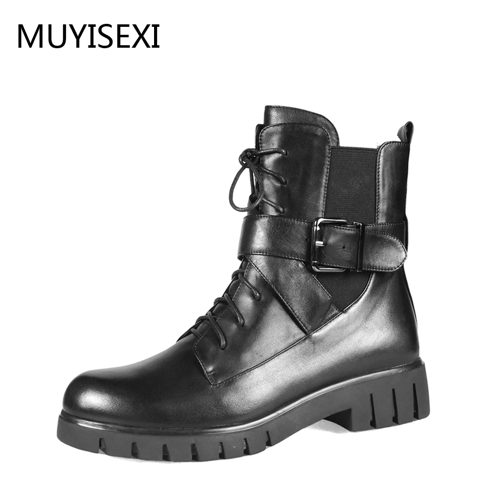 Boots Motorcycle Russian Winter Boots Black Wool Flat Platform Women Genuine Leather Winter Boots Russia size LID038 MUYISEXI