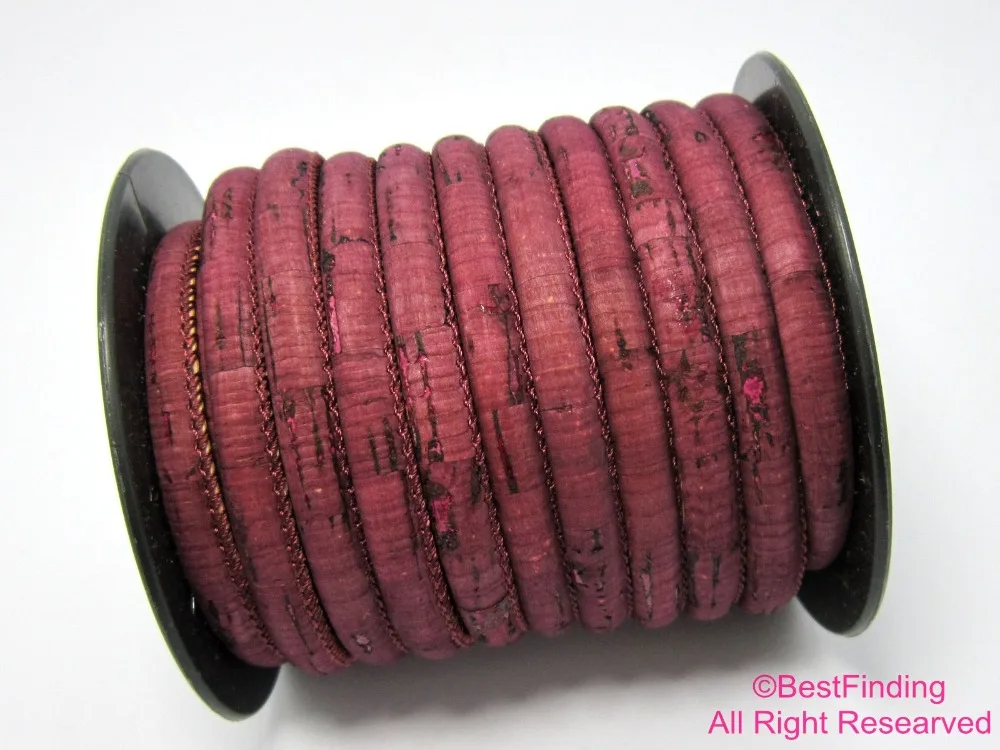 

6mm Cork leather cord Stitched amaranth Round Portuguese cork