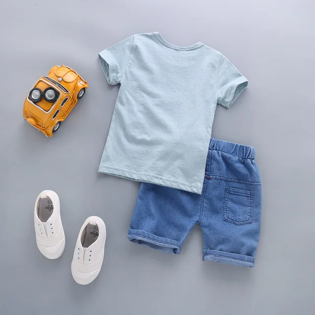 Newborn bay boy summer clothes sets cartoon t-shirt top jeans Shorts outfit 2