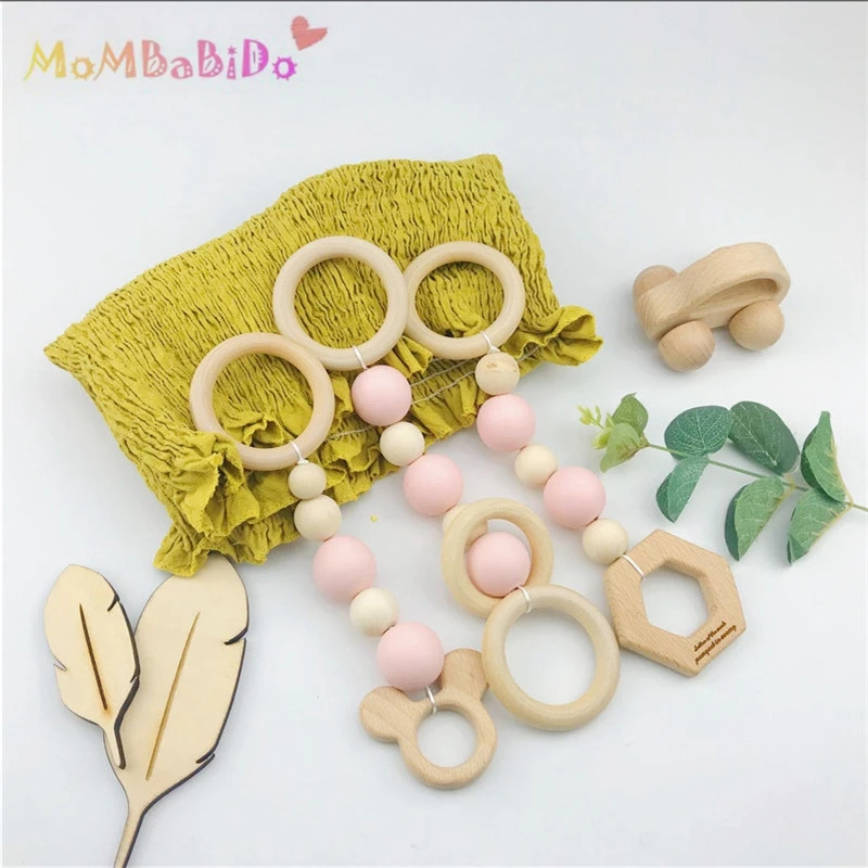 wonderful 3Pcs Wood Baby Play Gym Can Chew Beech Baby Teething Beads Wooden Shower Gift Bed Toys Child Teethe