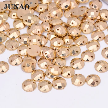 

JUNAO 10mm Sewing Gold Round Rhinestones Flatback Acrylic Gems Sew On Crystals Stones Golden Beads Appliques for DIY Clothes