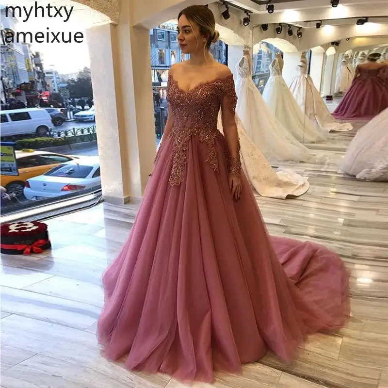 

Custom Shoulder Long Prom Dresses Sleeves V-neck Appliques Beaded Blush Pink 2020 New Women Formal Party Sweep Train Plus Size