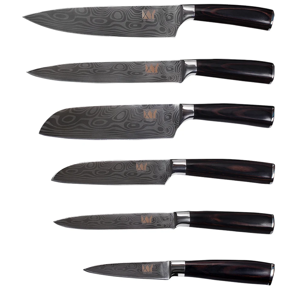

XYj 7CR17 Stainless Steel Knives Set Paring Utility Sanotku Slicing Chef Kitchen Knives Laser Damascus Pattern Cooking Tools
