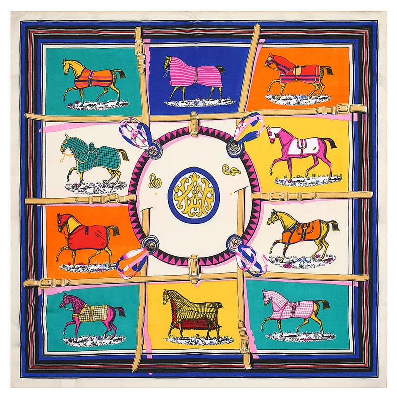 

POBING 100% Silk Scarf Woman Ten Horse Circle Print Square Scarves Luxury Bandana Small Hijab Foulards Lady Tie Headband 53x53CM