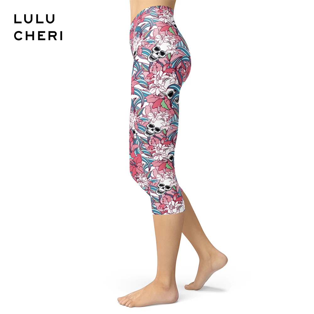 

Rose Flower Skull Candy Sugar Pattern Printed Capris Women Girls Brushed Buttery Soft Plus Size High Waist Slim Fitness Leggings