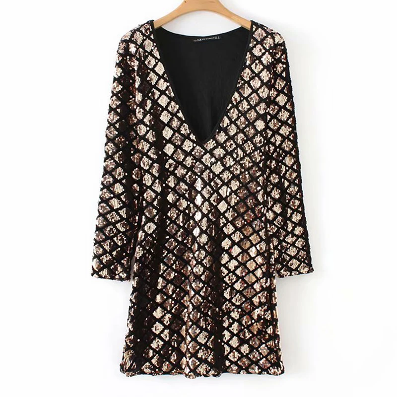 Women's Clothing Dress 2019 Stretch Fabric Sequined V-Neck Stitching Dress Ms Summer Street Sexy Slim Fit Temperament Clothing