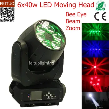 

Hot Sell 6pcs/lot Lyre Beam Led Bee Eye 6x40w Moving Head Light Zoom Mini RGBW 4IN1 Stage DJ Disco Bar Party Event Wash Lighting