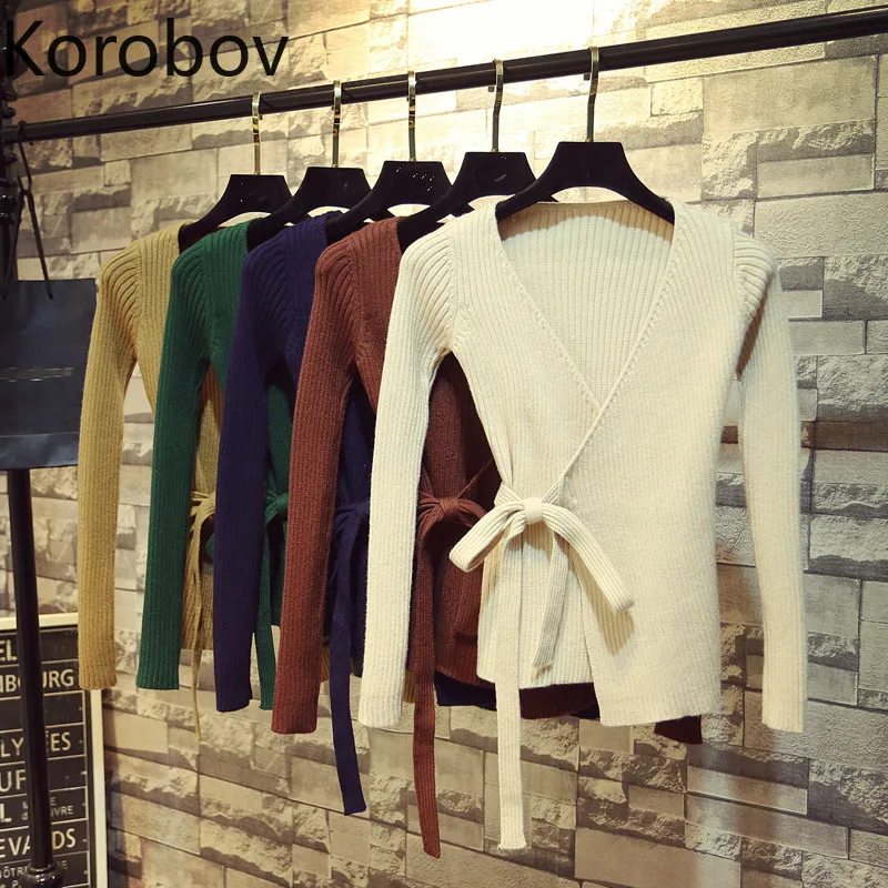 

Korobov Women Solid Elegant Criss-cross Sweaters Korean Lacing V Neck Sueter Mujer Vintage 2019 New Runway Cardigans Tops 78620