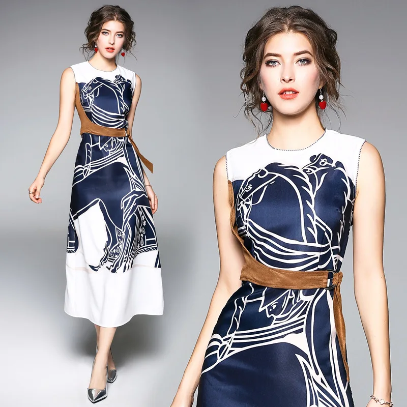 

Summer Sleeveless O-Neck Slim Fit Printing A-line Elegant Dress European Style High End Office Lady Women Clothing
