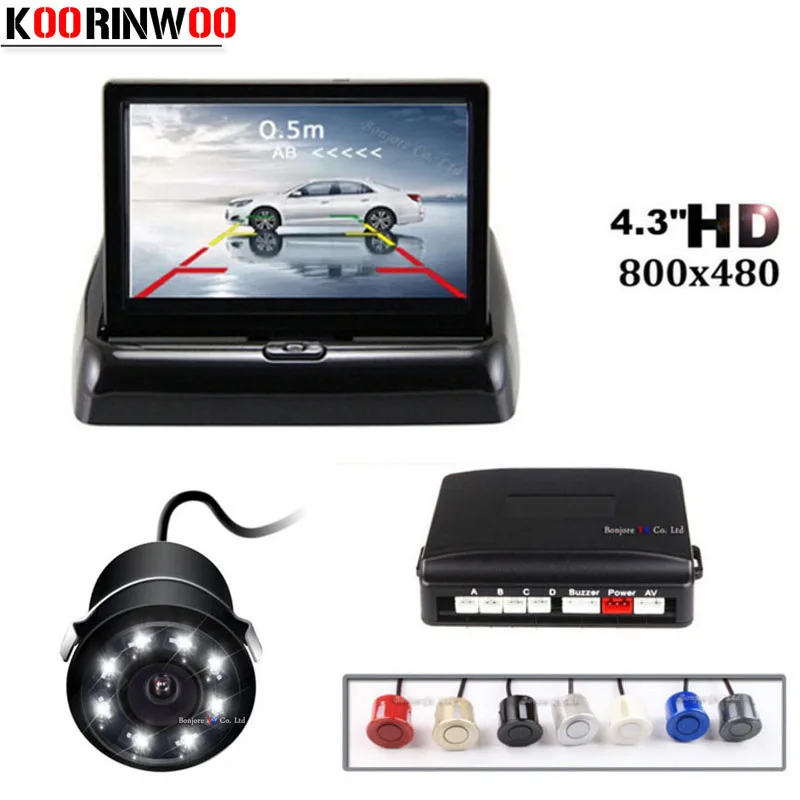 Pаспродажа Koorinwoo Парктроник, парковочные датчики ночного видения, 8 светодиодов, Автомобильная камера заднего вида, 4,3 дюймов, складной монитор, цифрово...