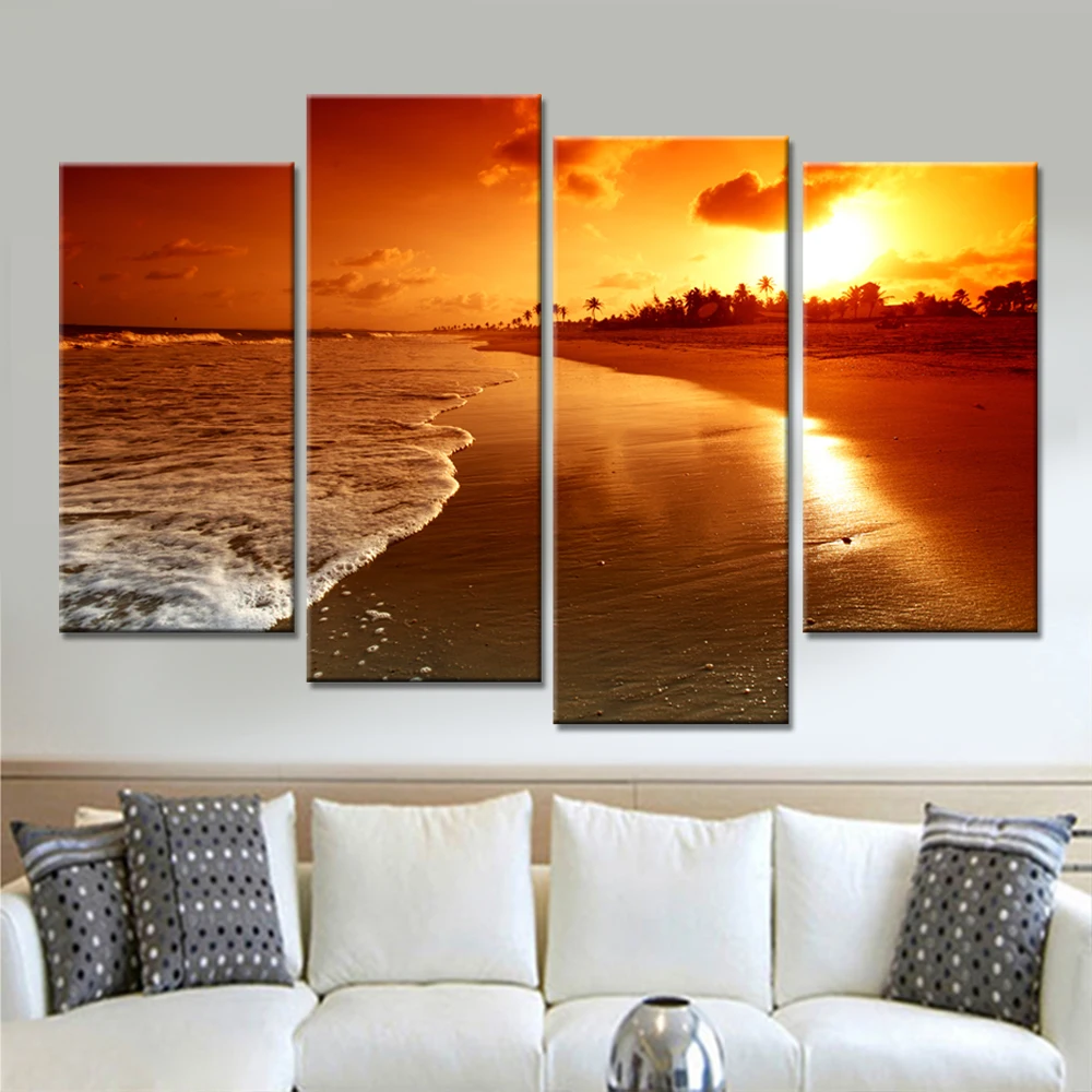 Drop-Shipping 4 Pieces Unframed Wall Art Canvas Print Poster Home Decor Modular Painting Beautiful Sea Sunset Landscape Quadros