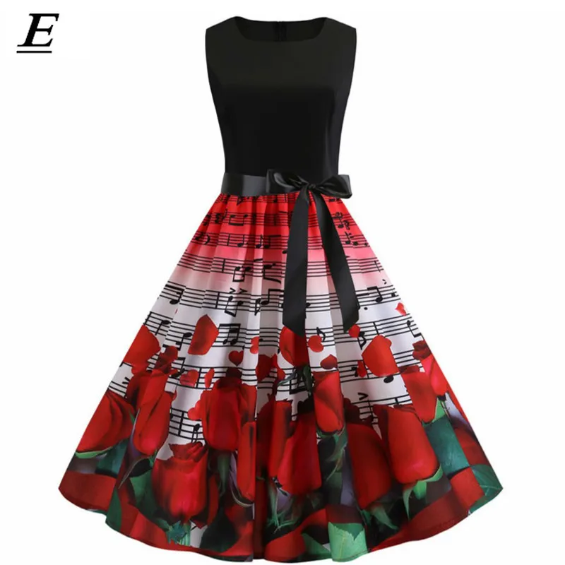

Vintage Dress Women Musical Notes Roses Print Dress Retro Pin Up Party Dresses Vestidos De FIesta Robe Femme