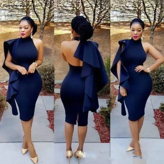 Unique Navy Blue Arabic Cocktail Prom Dresses 2018 Sexy Halter Backless Ruffled Knee-Length Sheath Evening Gowns Short Mini Dress Party Wear  105