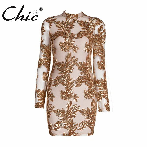 Buy Cheap CHIC VITA 2017 Women New Sequin Embellished Floral Mesh Long Sleeve Bandage Dress