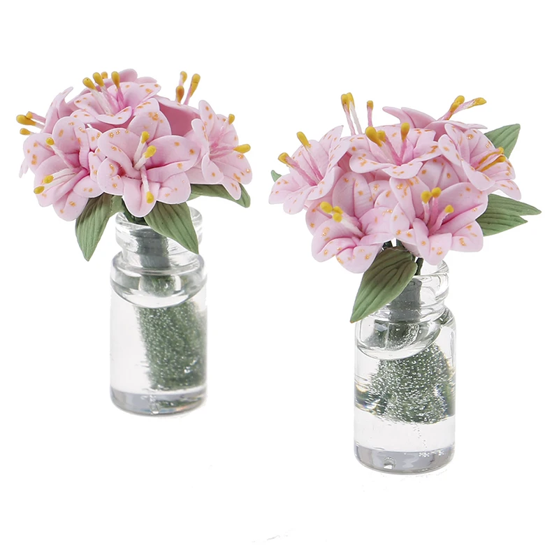 

Pink Lily Glass Bottle Flower Arrangement Dollhouse Furniture Miniatures 1:12 Accessories Mini Fake Plant Flower Doll House Toy