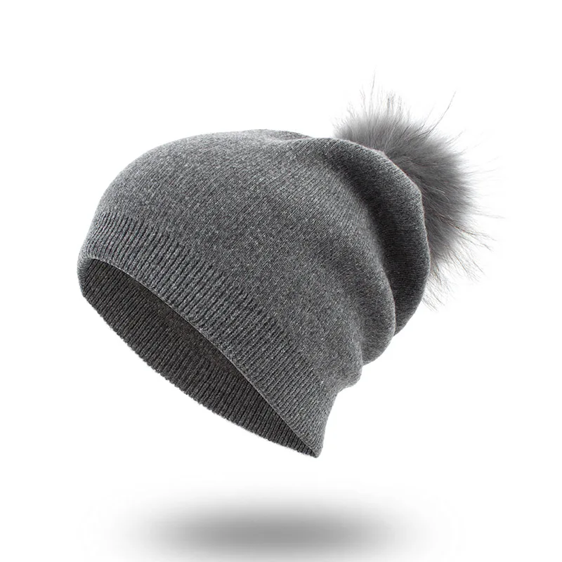 Geebro Женская кашемировая зимняя шапка вязаная шерстяная Круглая Шапочка с помпон из меха енота женские шапки с помпоном DQ078 - Цвет: Dark Grey B