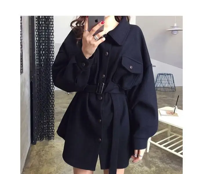 Женская шерстяная куртка, зимнее пальто, винтажная однотонная куртка-бомбер с поясом, повседневное Ретро модное пальто, Femme Jaqueta Feminina Chic - Цвет: Черный