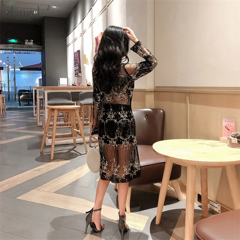 Dangal Sequin Luxury Women Dress Hip Hop Bling Heavy Beading Dress Women Dress Long Sleeve Sexy See-though Dresses For Party