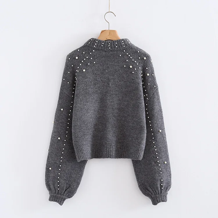 Doux Gris Cavalier Casual Chaud Femmes Misshow Femelle Court Gray D'hiver Chandail Lâche Lanterne Perles Manches Pull Col Roulé ARj54L