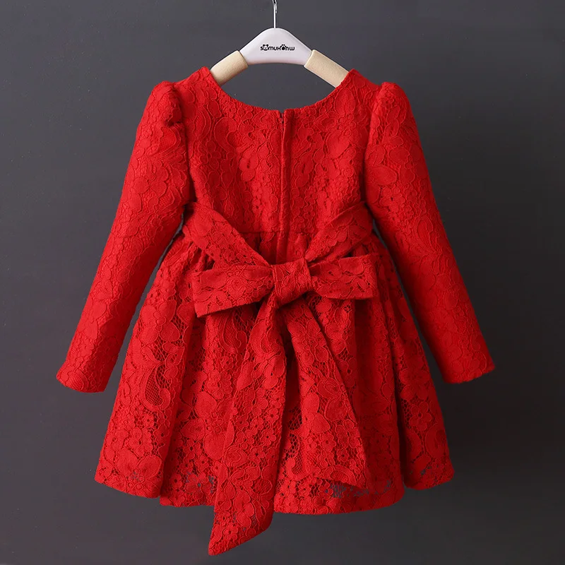 

DFXD Toddler Girl Dresses Spring Long Sleeve Red Full Lace Cotton Big Bowknot Princess Dress Kids Thick Wedding Party Dress 2-8Y