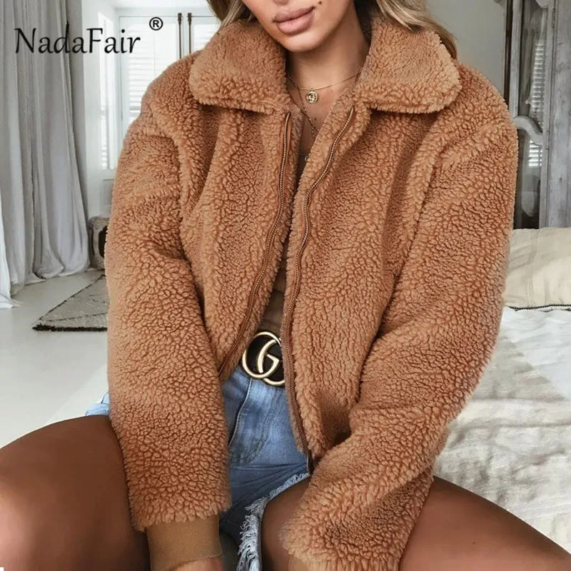 

Nadafair Women Fleece Faux Fur Jacket Plus Size Thick Zipper Short Fluffy Winter Teddy Coat Female Casual Plush Overcoat