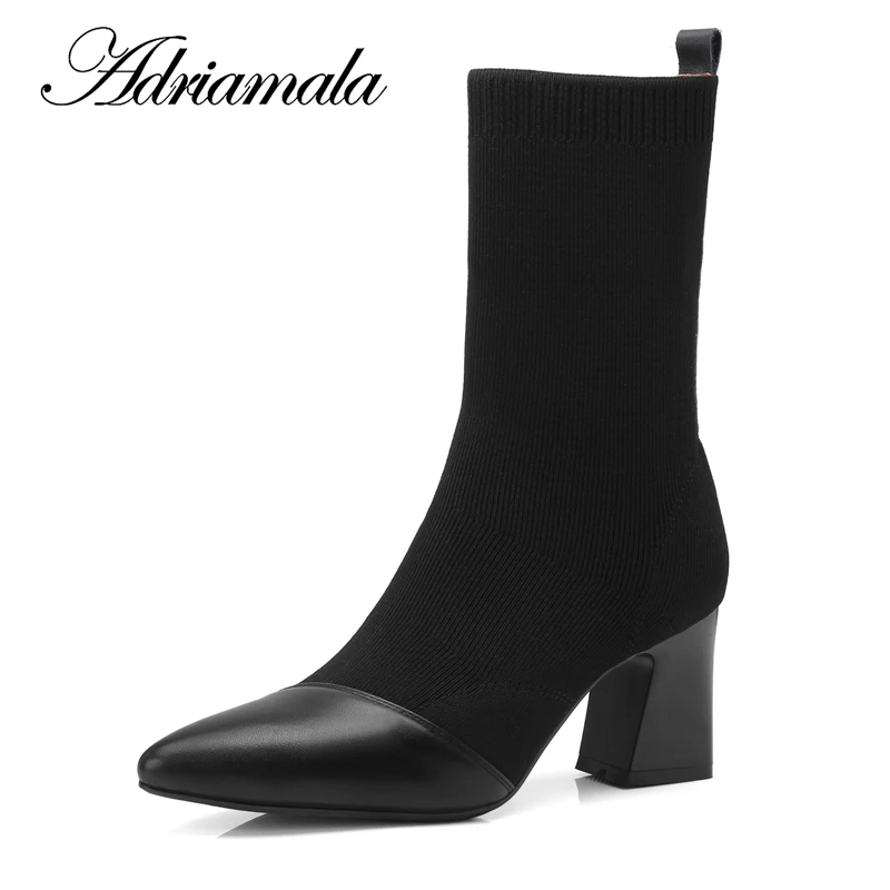 

2018 Genuine Leather Ladies High Heel Boots Mid-calf Pointed Toe Square Heel Cow Leather Motorcycle Boots For Women Adriamala