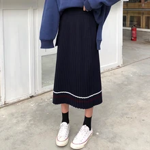 Осень, зимние женские юбки, harajuku kawaii, корейская мода, Ретро стиль, в полоску, для друзей, вязанная черная плиссированная юбка для женщин