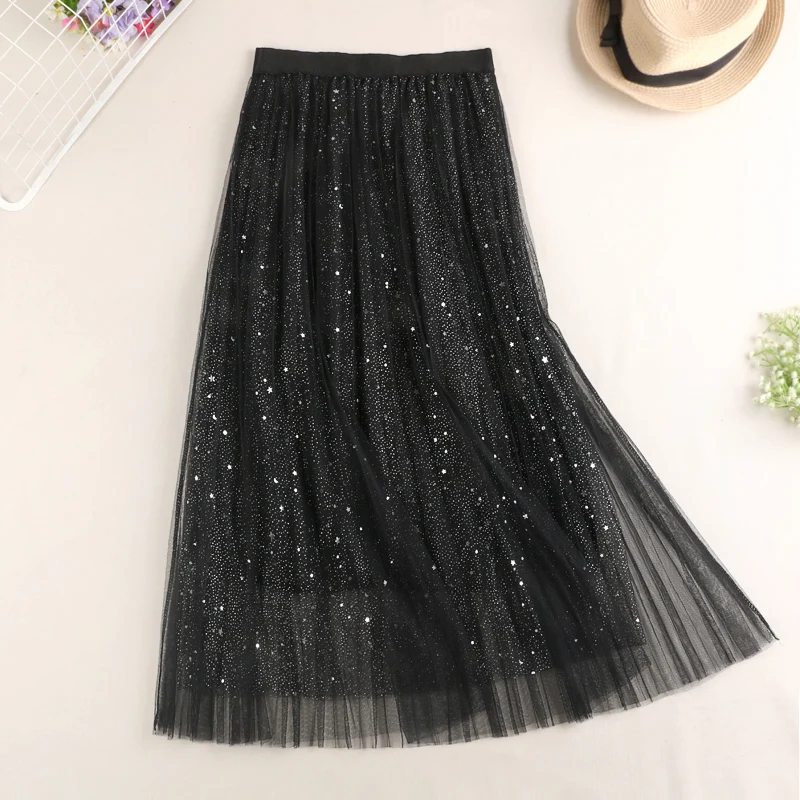 Faldas Mujer Moda 2019 New Summer Fresh Star Sequined Women Mesh Skirts High Waist Slim Long Pleated Skirt for Women Jupe Femme Faldas Mujer Moda 2019 New Summer Fresh Star Sequined Women Mesh Skirts High Waist Slim Long Pleated Skirt for Women Jupe Femme