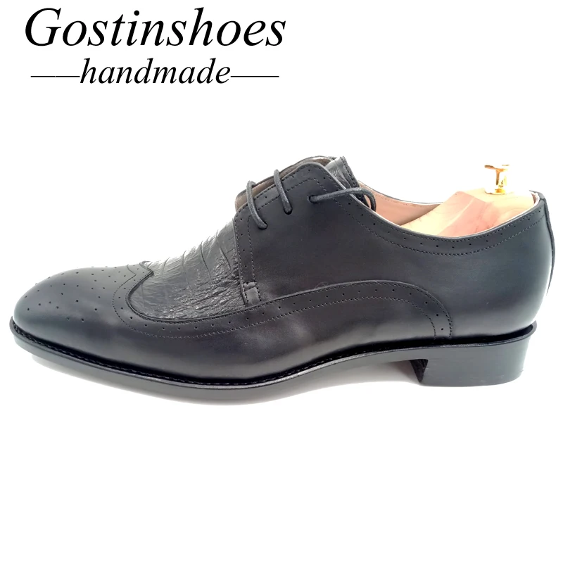 Goodyear Handmade Men Dress Shoes Black Cow Leather Ostrich Skin Shoes Men Formal Business Shoes Lace-up Pointed Toe GSTN011 Goodyear Handmade Men Dress Shoes Black Cow Leather Ostrich Skin Shoes Men Formal Business Shoes Lace-up Pointed Toe GSTN011