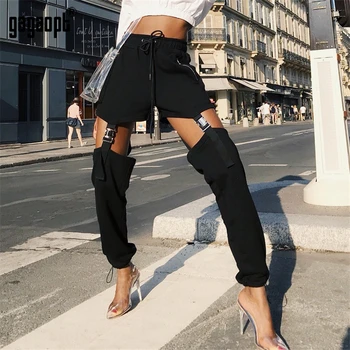

Gagaopt High Street Black Pants 2018 Summer Autumn Women Hollow Out Cut Out Elastic Trousers for Women