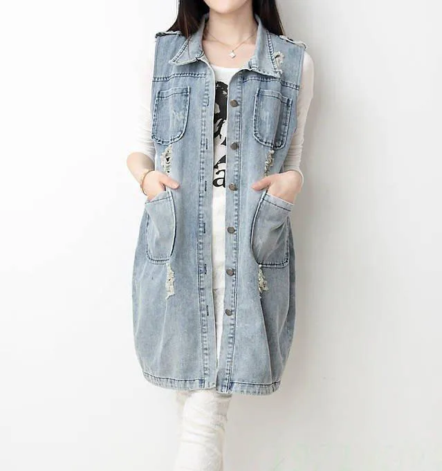 Free shipping New style women's water washed denim vest medium long vest outerwear girl's denim