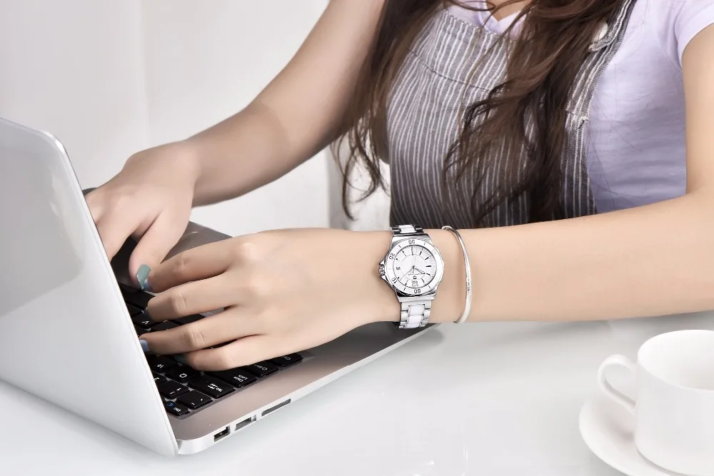 luxo branco cerâmica pulseira analógico relógio de