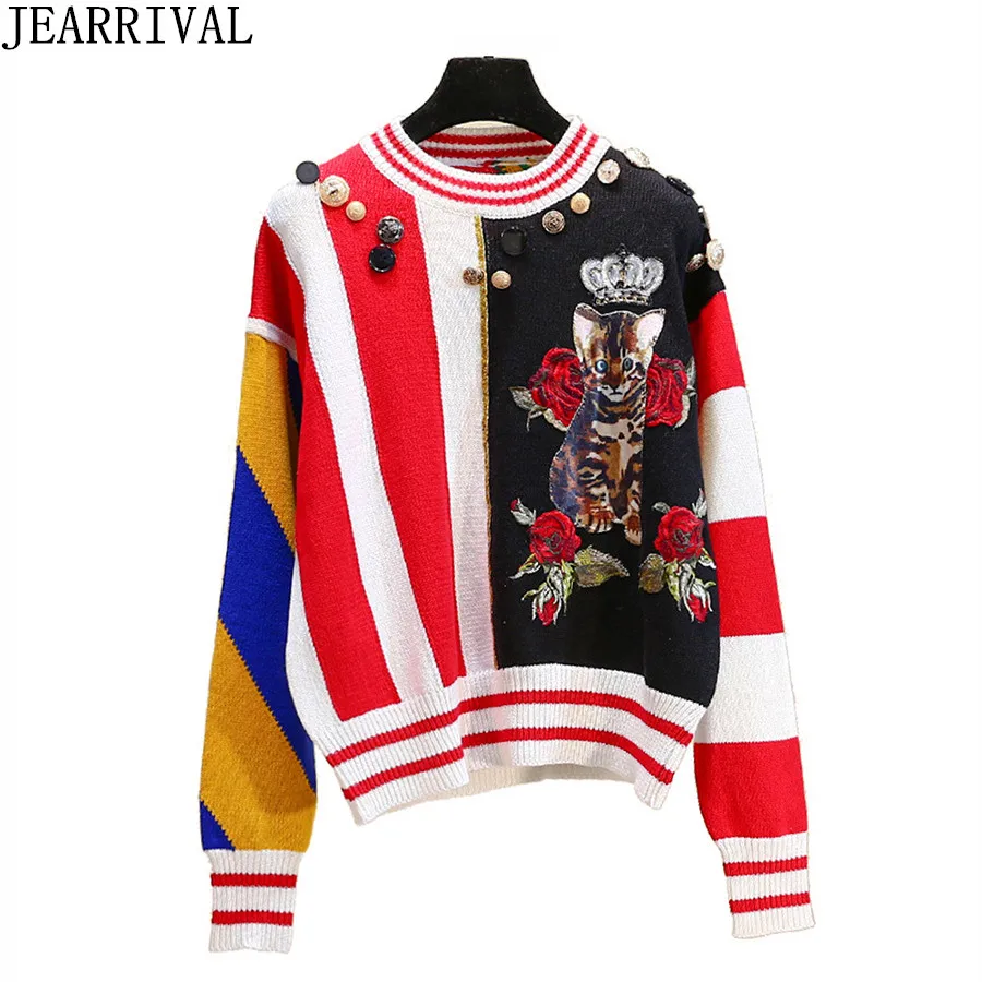 

Luxury Runway Knitted Sweater 2018 New Designer Brand Women O-Neck Embroidery Cat Flower Print Pullovers Knit Jumper Pull Femme
