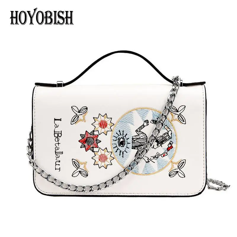 

HOYOBISH Embroidery Pattern Women Luxury Leather Handbag Cute Messenger Bags For Younger Summer Flap Chains Shoulder Bag OH051