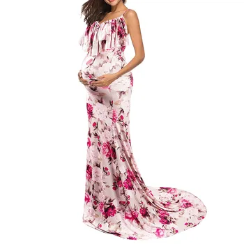 

Women Maternity Sleeveless Ruffle Floral Elegant Fitted Photography Long Dress