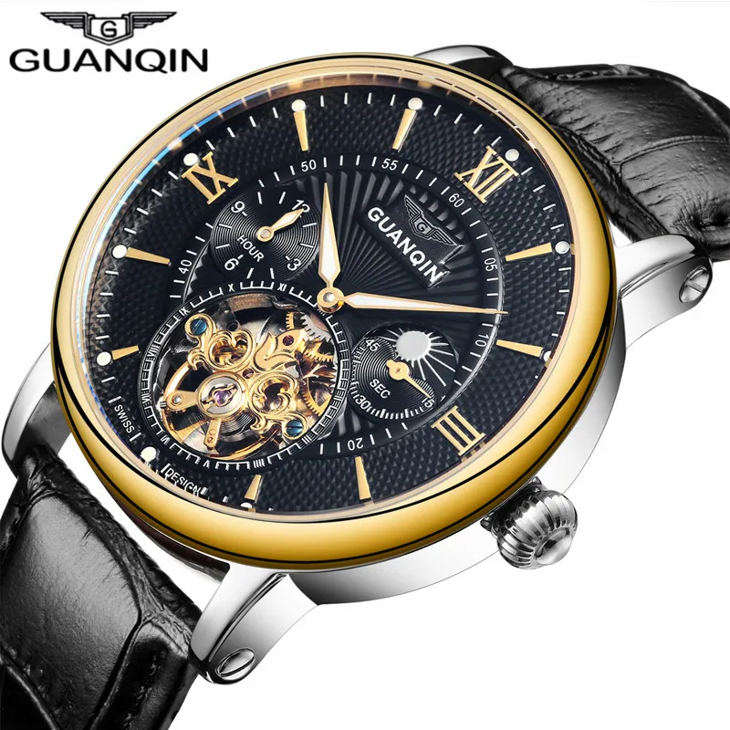Натуральная GUANQIN Элитный бренд Tourbillon Skeleton автоматические механические часы Для мужчин Спорт кожаный