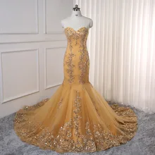 Выпускные платья русалка Золотой Тюль с аппликацией кружевные с открытой спиной Вечерние макси Длинные Выпускные платья вечерние платья Robe De Soiree