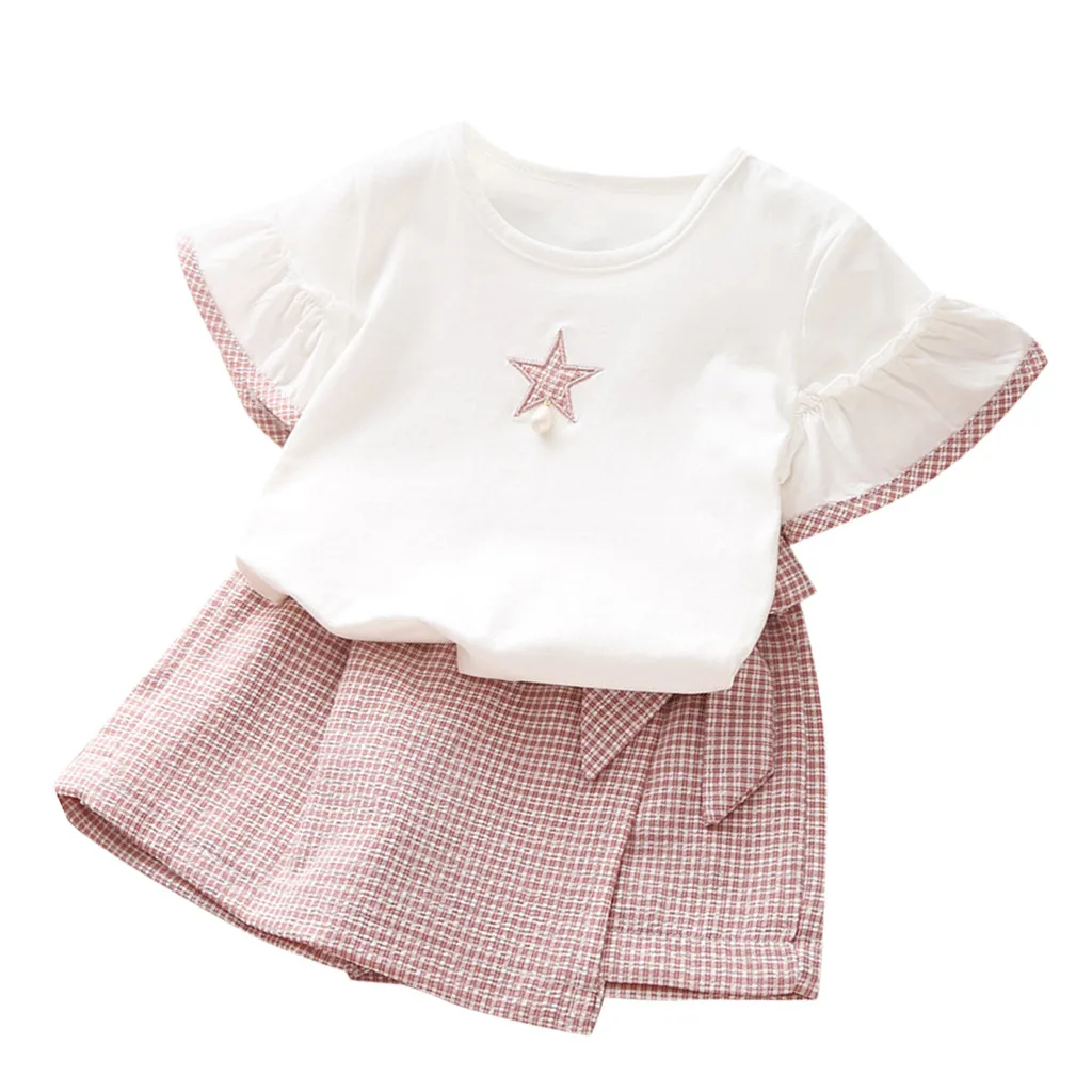 

Baby Girls Clothing 2019 Toddler Kid Baby Girl Outfits Clothes Short Sleeve Star T-shirt+Plaid Shorts Set Vetement Enfant Fille