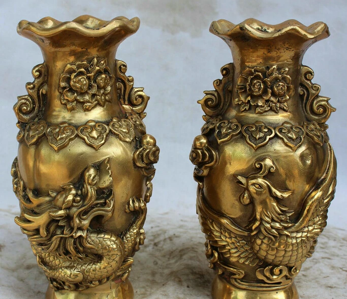 

JP S0524 10" Marked Chinese Palace Brass Peony dragon Phoenix Flower Bottle Vase pair