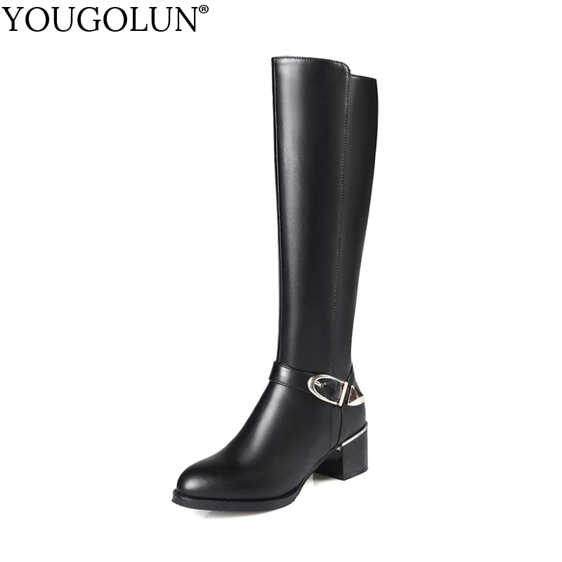 

YOUGOLUN Women Knee High Boots 2018 Autumn Winter Genuine Leather Black Thick Heel 5 cm Heels Buckle Pointed toe Shoes #Y-210
