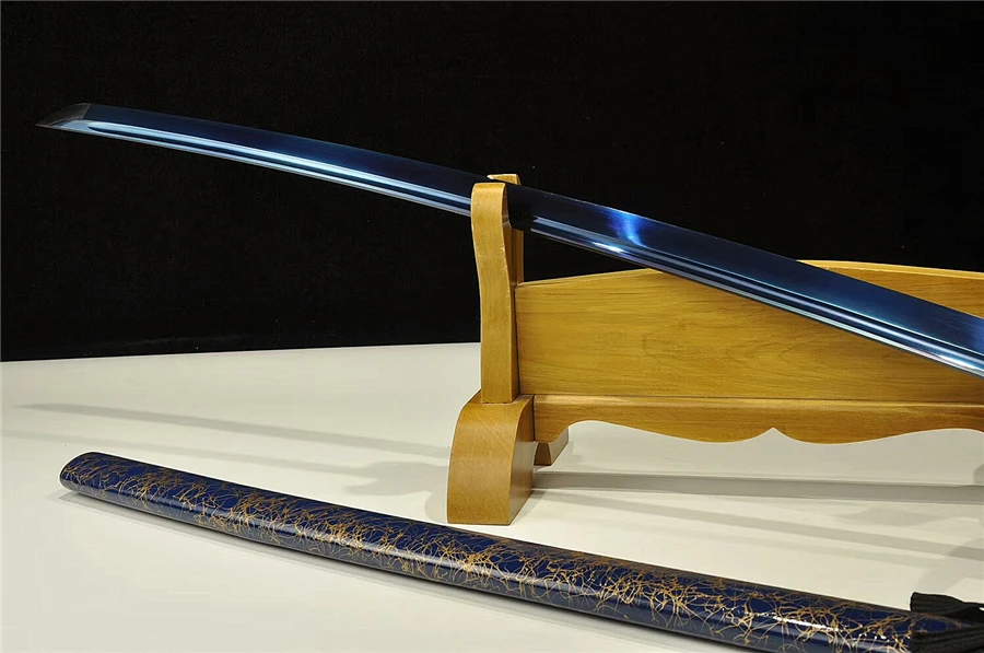 Hand-Made japanese Sword Samurai Katana T10 Steel Blue Blade Sharp Wood Sheath