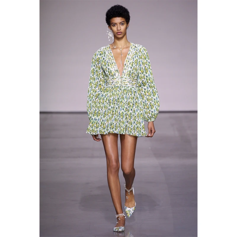 

2018 High Quality Luxury Brand Elegant Sexy Noble Woman Mini Dress Floral Print Deep V-Neck Holiday Beach Short Dress