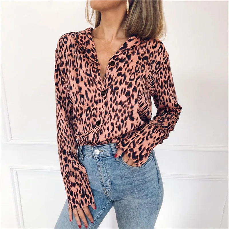 Модная женская леопардовая рубашка OL с v-образным вырезом, элегантная свободная женская блуза с длинным рукавом, вечерние блузы, уличная сорочка для женщин размера плюс - Цвет: Розовый