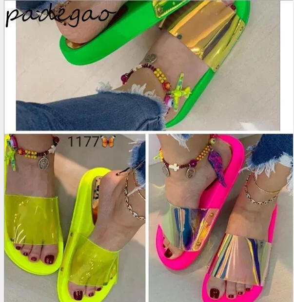 

2019 summer women's slippers sandals sexy casual comfortable flat bottom sequins laser fashion word shoes beach shoes A165