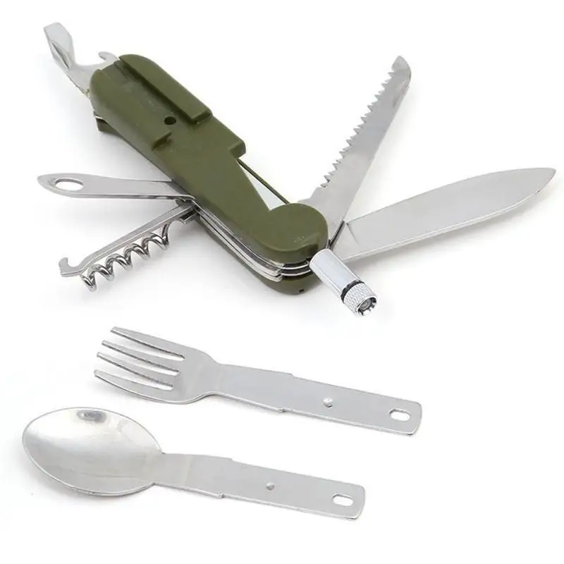 

Hiking Camping Tool Outdoor Dinnerware With Led Light Stainless Steel Folding Dinnerware Fork Spoon Knife Set Bottle Opener