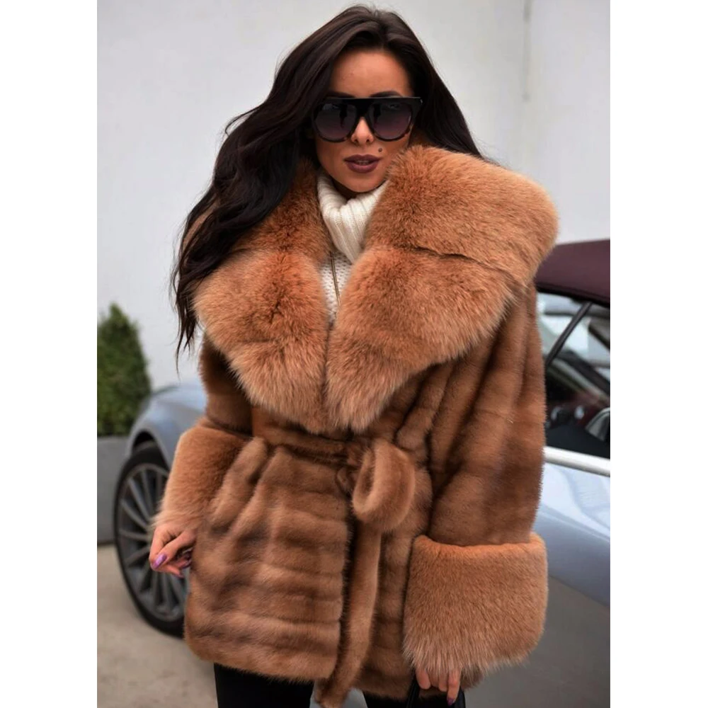 Fluffy Manteaux De Importer Ceinture Avec Fox Pardessus D'hiver Col Véritable Fourrure Pelt Chaud Light Manuel Coffee Vison Femmes Mode Complet Réel wFgY8